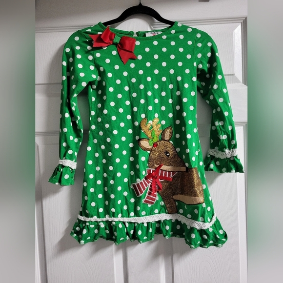 Counting Daisies-Girls Green & White Polka Dot Xmas Dress w/Glitter Rudolph SZ 6 - Picture 1 of 5